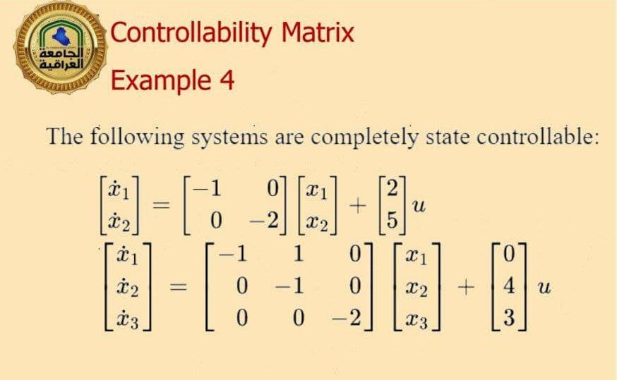 الجامعة
العراقية
Controllability Matrix
Example 4
The following systems are completely state controllable:
ல்1
*2
1
-
0x1
x2
+ И
5
-1 1 0
X1
1
*2
0 -1 0
X2
+
4u
3
*3.
00-2
X3