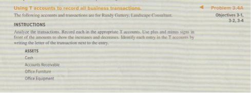 Using T accounts to record all business transactions.
The following accounts and transactions are for Randy Guttery, Landscape Consultant.
INSTRUCTIONS
Analyze the transactions. Record each in the appropriate T accounts. Use plus and minus signs in
front of the amounts to show the increases and decreases. Identify each entry in the T accounts by
writing the letter of the transaction next to the entry.
ASSETS
Cash
Accounts Receivable
Office Furniture
Office Equipment
Problem 3.4A
Objectives 3-1,
3-2,3-4