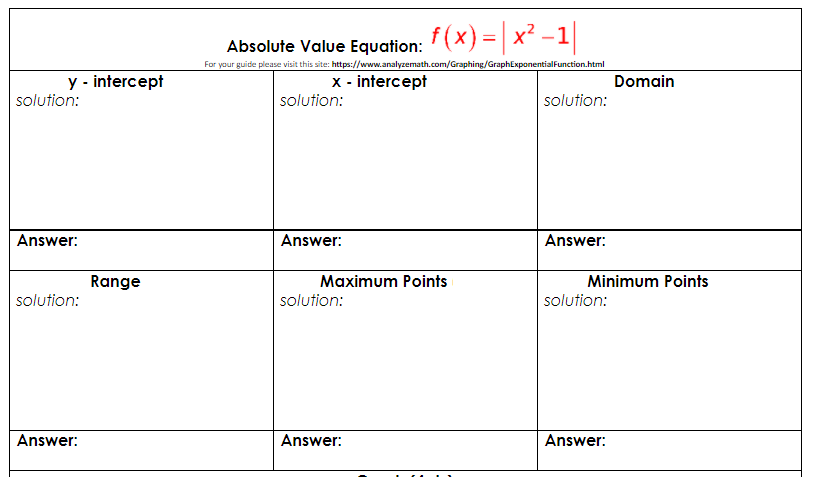 %3D
Absolute Value Equation: (X) =| x² – 1
For your guide please visit this site: https://www.analyzemath.com/Graphing/GraphExponentialFunction.html
y - intercept
x - intercept
Domain
solution:
solution:
solution:
Answer:
Answer:
Answer:
Range
Maximum Points
Minimum Points
solution:
solution:
solution:
Answer:
Answer:
Answer:
