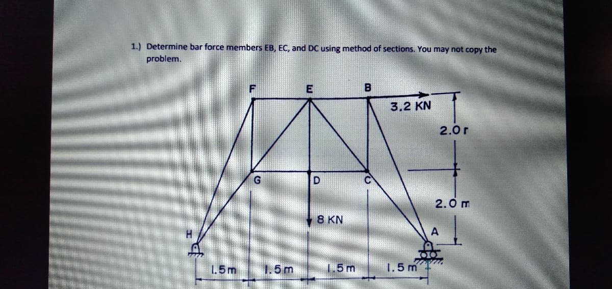 1.) Determine bar force members EB, EC, and DC using method of sections. You may not copy the
problem.
3.2 KN
2.0r
G
C
2.0 m
8 KN
A
1.5m
1.5m
1.5m
1.5m
