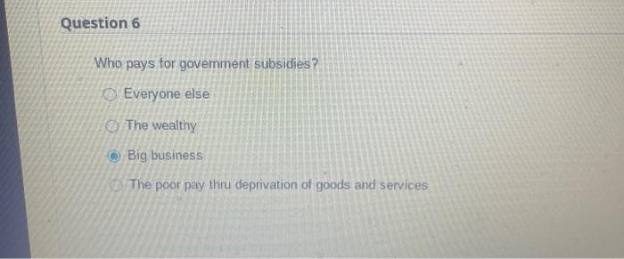 Question 6
Who pays for government subsidies?
Everyone else
The wealthy
Big business
The poor pay thru deprivation of goods and services