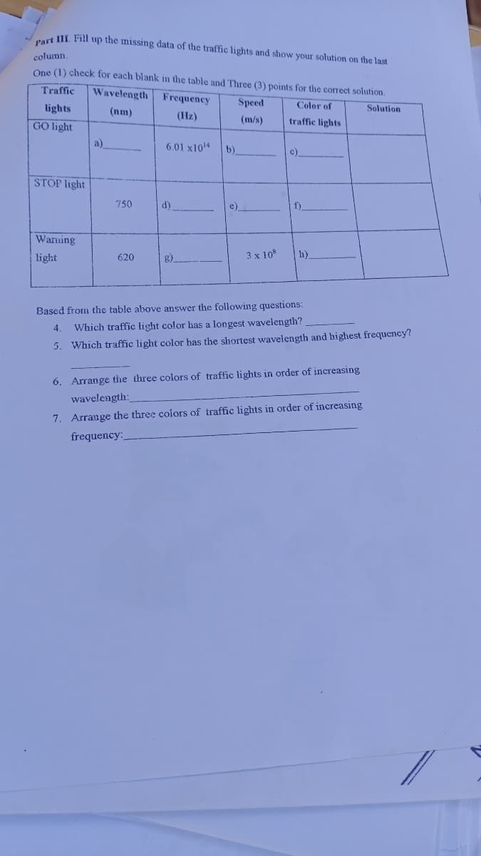 urt UI. Fill up the missing data of the traffic lights and show your solution on the last
column.
One (1) check for each blank in the table and Three (3) points for the correct solution.
Traffic
Wavelength Frequency
lights
Speed
Color of
Solution
(nm)
(Hz)
GO light
(m/s)
traffic lights
a)
6.01 x1014
b).
c)
STOP light
750
d).
e)
f).
Warning
light
620
g)
3 x 10
b)
Based from the table above answer the following questions:
4.
Which traffic light color has a longest wavelength?
5. Which traffic light color has the shortest wavelength and highest frequency?
6. Arrange tihe three colors of traffic lights in order of increasing
wavelength:
7. Arrange the three colors of traffic lights in order of increasing
frequency:
