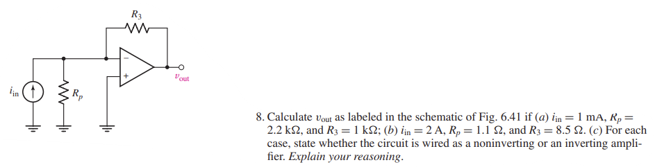 lin
www
Rp
R3
V₂
out
8. Calculate vout as labeled in the schematic of Fig. 6.41 if (a) lin = 1 mA, R₂ =
2.2 ks2, and R3 = 1 ks2; (b) iin = 2 A, R₂ = 1.1 S2, and R3 = 8.5 22. (c) For each
case, state whether the circuit is wired as a noninverting or an inverting ampli-
fier. Explain your reasoning.