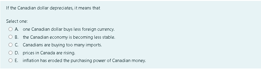 If the Canadian dollar depreciates, it means that
Select one:
A. one Canadian dollar buys less foreign currency.
B. the Canadian economy is becoming less stable.
C. Canadians are buying too many imports.
D. prices in Canada are rising.
O E. inflation has eroded the purchasing power of Canadian money.