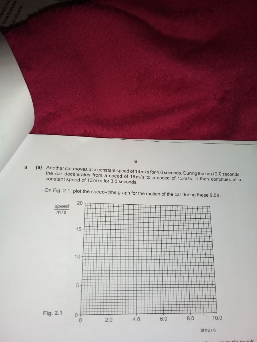 6
(a) Another car moves at a constant speed of 16 m/s for 4.0 seconds. During the next 2.0 seconds,
the car decelerates from a speed of 16m/s to a speed of 13m/s. It then continues at a
constant speed of 13m/s for 3.0 seconds.
4
On Fig. 2.1, plot the speed-time graph for the motion of the car during these 9.0 s.
20
speed
m/s
15
10
Fig. 2.1
2.0
4.0
6.0
8.0
10.0
time/s
vels
EWA YA
TLHATSWIWA
LE UTLWA
