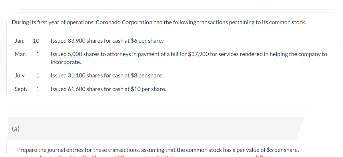 During its first year of operations, Coronado Corporation had the following transactions pertaining to its common stock.
Jan. 10
Mar. 1
Issued 83,900 shares for cash at $6 per share.
Issued 5,000 shares to attorneys in payment of a bill for $37,900 for services rendered in helping the company to
incorporate.
July 1 Issued 31,100 shares for cash at $8 per share.
Sept. 1 Issued 61,600 shares for cash at $10 per share.
(a)
Prepare the journal entries for these transactions, assuming that the common stock has a par value of $5 per share.