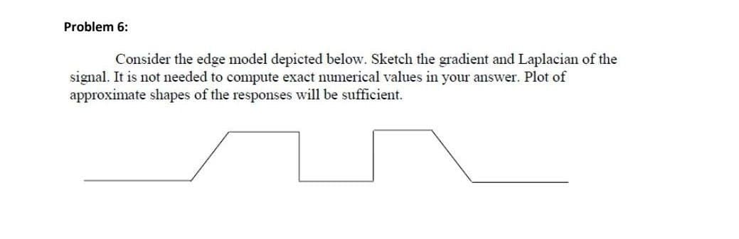 Problem 6:
Consider the edge model depicted below. Sketch the gradient and Laplacian of the
signal. It is not needed to compute exact numerical values in your answer. Plot of
approximate shapes of the responses will be sufficient.
