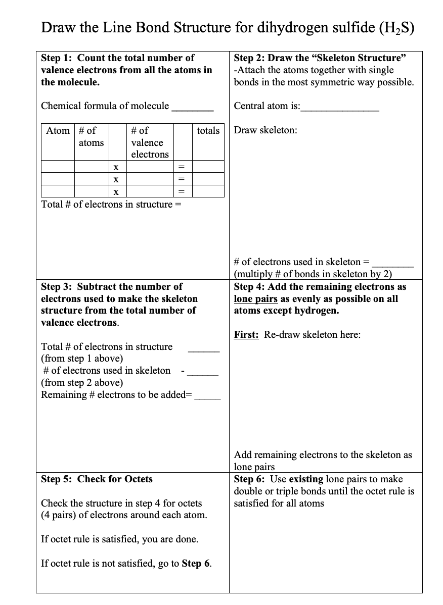 Draw the Line Bond Structure for dihydrogen sulfide (H₂S)
Step 1: Count the total number of
valence electrons from all the atoms in
the molecule.
Step 2: Draw the "Skeleton Structure"
-Attach the atoms together with single
bonds in the most symmetric way possible.
Central atom is:
Chemical formula of molecule
Atom # of
atoms
# of
valence
electrons
X
X
X
Total # of electrons in structure =
=
totals
Step 3: Subtract the number of
electrons used to make the skeleton
structure from the total number of
valence electrons.
Total # of electrons in structure
(from step 1 above)
# of electrons used in skeleton
(from step 2 above)
Remaining # electrons to be added=
Step 5: Check for Octets
Check the structure in step 4 for octets
(4 pairs) of electrons around each atom.
If octet rule is satisfied, you are done.
If octet rule is not satisfied, go to Step 6.
Draw skeleton:
# of electrons used in skeleton =
(multiply # of bonds in skeleton by 2)
Step 4: Add the remaining electrons as
lone pairs as evenly as possible on all
atoms except hydrogen.
First: Re-draw skeleton here:
Add remaining electrons to the skeleton as
lone pairs
Step 6: Use existing lone pairs to make
double or triple bonds until the octet rule is
satisfied for all atoms