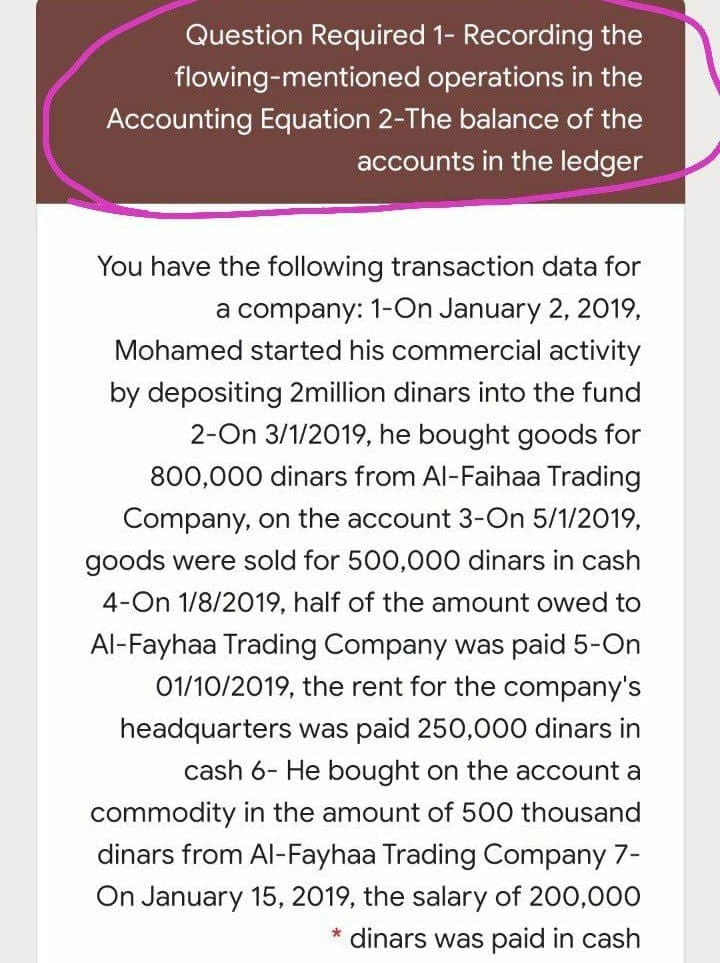 Question Required 1- Recording the
flowing-mentioned operations in the
Accounting Equation 2-The balance of the
accounts in the ledger
You have the following transaction data for
a company: 1-On January 2, 2019,
Mohamed started his commercial activity
by depositing 2million dinars into the fund
2-On 3/1/2019, he bought goods for
800,000 dinars from Al-Faihaa Trading
Company, on the account 3-On 5/1/2019,
goods were sold for 500,000 dinars in cash
4-On 1/8/2019, half of the amount owed to
Al-Fayhaa Trading Company was paid 5-On
01/10/2019, the rent for the company's
headquarters was paid 250,000 dinars in
cash 6- He bought on the account a
commodity in the amount of 500 thousand
dinars from Al-Fayhaa Trading Company 7-
On January 15, 2019, the salary of 200,000
* dinars was paid in cash
