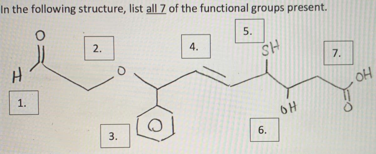 In the following structure, list all 7 of the functional groups present.
2.
4.
HS
7.
OH
1.
OH
3.
6.
5.
