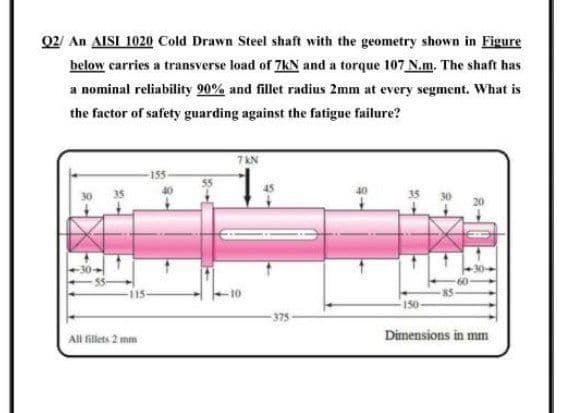 Q2/ An AISI 1020 Cold Drawn Steel shaft with the geometry shown in Figure
below carries a transverse load of 7kN and a torque 107 N.m. The shaft has
a nominal reliability 90% and fillet radius 2mm at every segment. What is
the factor of safety guarding against the fatigue failure?
7 KN
375
All fillets 2 mm
Dimensions in mm
