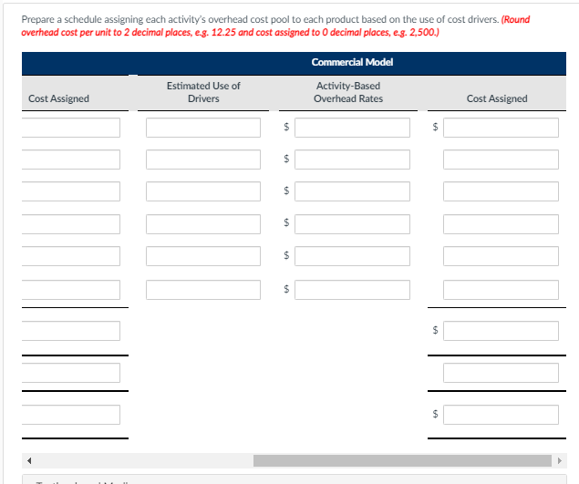 Prepare a schedule assigning each activity's overhead cost pool to each product based on the use of cost drivers. (Round
overhead cost per unit to 2 decimal places, e.g. 12.25 and cost assigned to 0 decimal places, eg. 2,500.)
Commercial Model
Estimated Use of
Activity-Based
Cost Assigned
Drivers
Overhead Rates
Cost Assigned
24
2$
24
24
%24
%24
%24
%24
