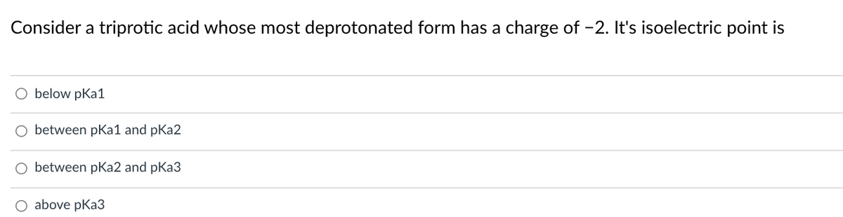 Consider a triprotic acid whose most deprotonated form has a charge of -2. It's isoelectric point is
below pKa1
O between pKa1 and pKa2
O between pKa2 and pKa3
O above pKa3
