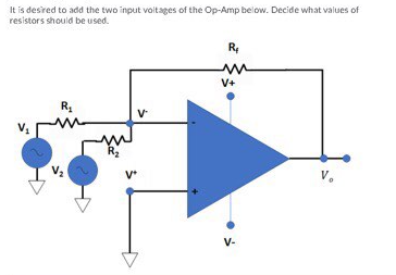 It is desired to add the two input voltages of the Op-Amp below. Decide what values of
resistors should be used.
R
V+
R.
R
V-
