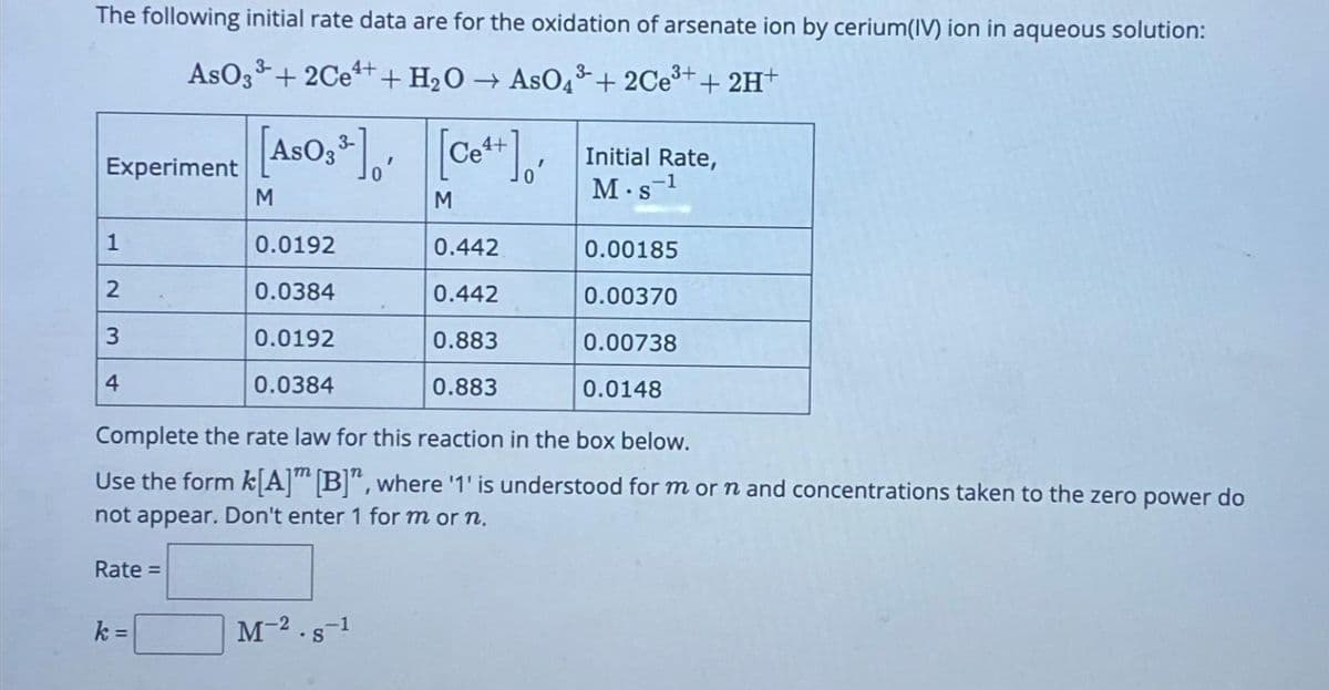 The following initial rate data are for the oxidation of arsenate ion by cerium(IV) ion in aqueous solution:
AsO3³+ 2Ce++H₂O → AsO4³ +2℃e³+ + 2H+
3-
3+
Experiment
1
2
3
4
Rate =
3-
4+
[ASO, ³] [Ce¹+]
M
M
0.442
0.442
0.883
0.883
Complete the rate law for this reaction in the box below.
Use the form k[A] [B]", where '1' is understood for m or n and concentrations taken to the zero power do
not appear. Don't enter 1 for m or n.
k=
0.0192
0.0384
0.0192
0.0384
Initial Rate,
M.s-1
M-2.s-1
0.00185
0.00370
0.00738
0.0148