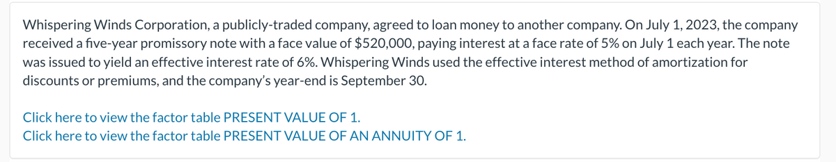 Whispering Winds Corporation, a publicly-traded company, agreed to loan money to another company. On July 1, 2023, the company
received a five-year promissory note with a face value of $520,000, paying interest at a face rate of 5% on July 1 each year. The note
was issued to yield an effective interest rate of 6%. Whispering Winds used the effective interest method of amortization for
discounts or premiums, and the company's year-end is September 30.
Click here to view the factor table PRESENT VALUE OF 1.
Click here to view the factor table PRESENT VALUE OF AN ANNUITY OF 1.