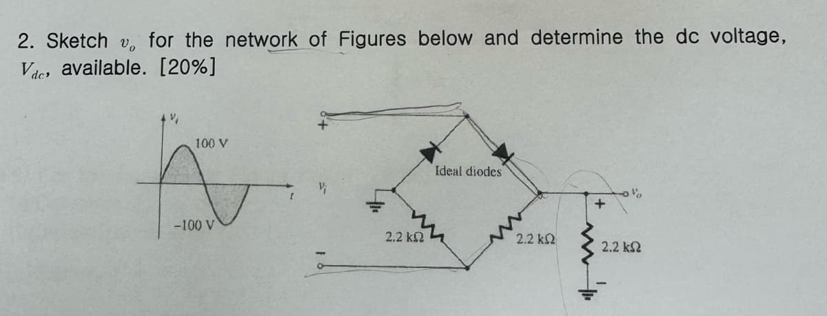 2. Sketch v, for the network of Figures below and determine the dc voltage,
Vde, available. [20%]
V₁
100 V
Ideal diodes
+
-100 V
2.2 ΚΩ
2.2 ΚΩ
2.2 ΚΩ