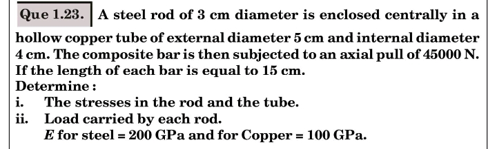 Que 1.23. A steel rod of 3 cm diameter is enclosed centrally in a
hollow copper tube of external diameter 5 cm and internal diameter
4 cm. The composite bar is then subjected to an axial pull of 45000 N.
If the length of each bar is equal to 15 cm.
Determine :
i.
The stresses in the rod and the tube.
ii. Load carried by each rod.
E for steel = 200 GPa and for Copper = 100 GPa.
