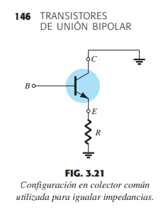146 TRANSISTORES
DE UNIÓN BIPOLAR
Bo
E
R
FIG. 3.21
Configuración en colector común
utilizada para igualar impedancias.
