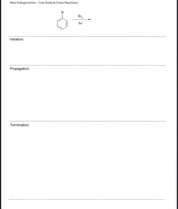 Alkyl Halogenation - Free Radical Chain Reactions
Initiation:
Propagation:
Termination:
Br2
hv