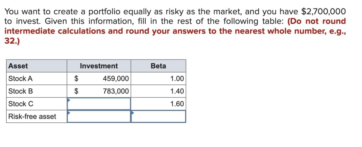 You want to create a portfolio equally as risky as the market, and you have $2,700,000
to invest. Given this information, fill in the rest of the following table: (Do not round
intermediate calculations and round your answers to the nearest whole number, e.g.,
32.)
Asset
Stock A
Stock B
Stock C
Risk-free asset
$
$
Investment
459,000
783,000
Beta
1.00
1.40
1.60