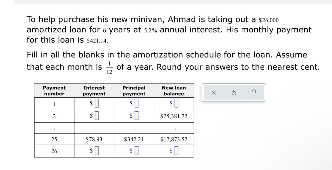 To help purchase his new minivan, Ahmad is taking out a s26,000
amortized loan for 6 years at 5.2% annual interest. His monthly payment
for this loan is $421.14.
Fill in all the blanks in the amortization schedule for the loan. Assume
1
that each month is
of a year. Round your answers to the nearest cent.
12
New loan
Payment
number
Interest
Principal
payment
payment
balance
1
2
$25,381.72
25
$78.93
$342.21
$17,873.52
26
