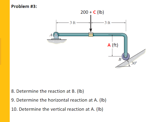 Problem #3:
200 + C (Ib)
- 3 ft
- 3 ft -
A
A (ft)
B
30°
8. Determine the reaction at B. (Ib)
9. Determine the horizontal reaction at A. (Ib)
10. Determine the vertical reaction at A. (Ib)
