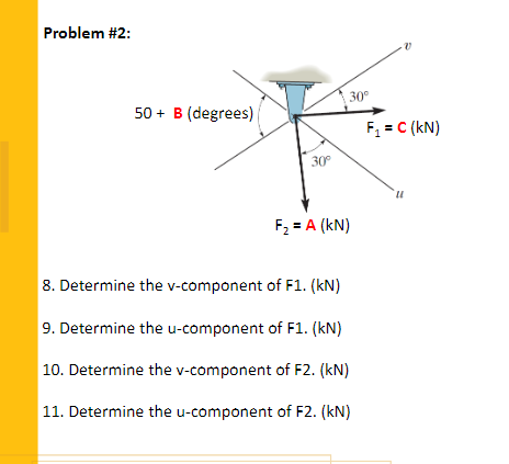 Problem #2:
30°
50 + B (degrees)
F, = C (kN)
30
F2 = A (kN)
8. Determine the v-component of F1. (kN)
9. Determine the u-component of F1. (kN)
10. Determine the v-component of F2. (kN)
11. Determine the u-component of F2. (kN)
