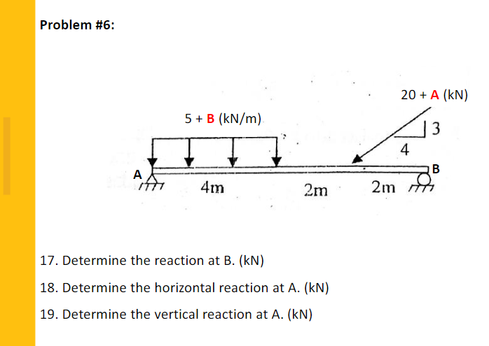 Problem #6:
20 + A (kN)
5 + B (kN/m)
3
4
В
A
4m
2m
2m
17. Determine the reaction at B. (kN)
18. Determine the horizontal reaction at A. (kN)
19. Determine the vertical reaction at A. (kN)
