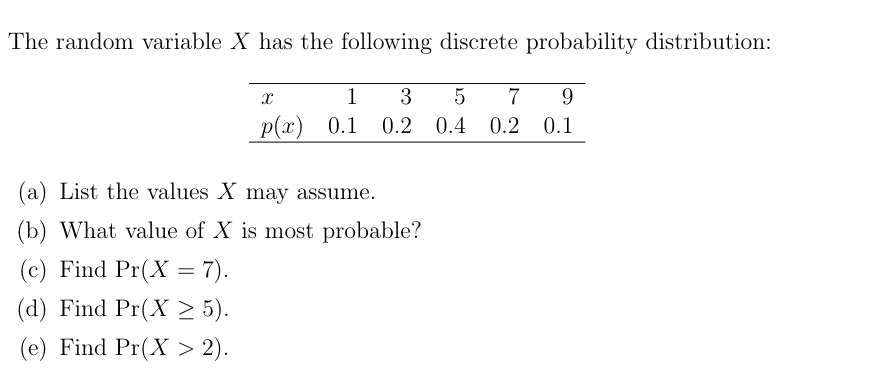 The random variable X has the following discrete probability distribution:
X
1
3
5
7 9
p(x) 0.1 0.2
0.4 0.2 0.1
(a) List the values X may assume.
(b) What value of X is most probable?
(c) Find Pr(X = 7).
(d) Find Pr(X≥ 5).
(e) Find Pr(X > 2).