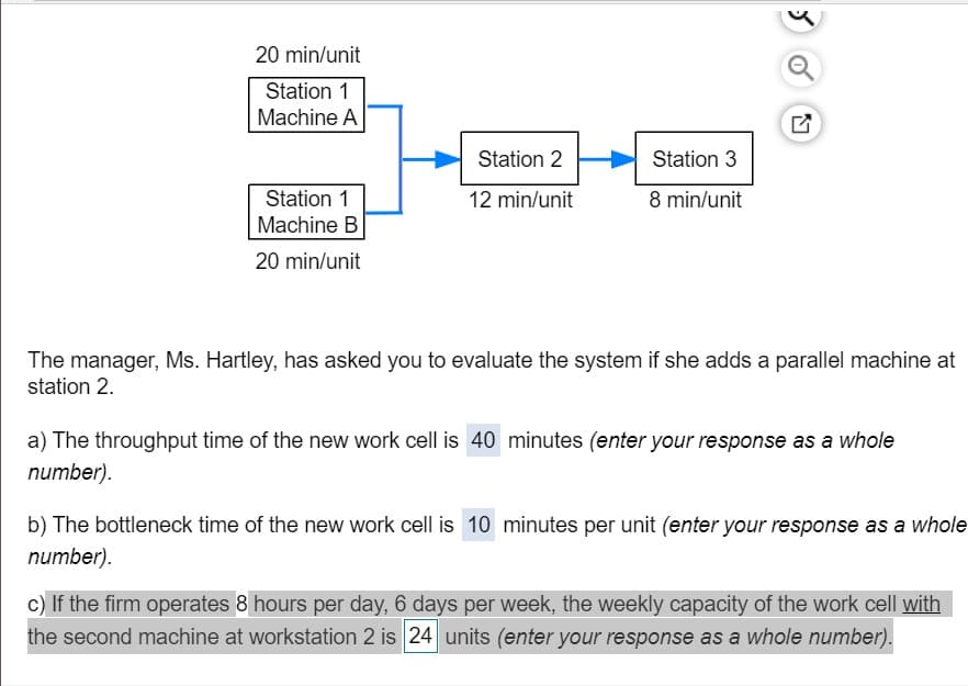 20 min/unit
Station 1
Machine A
Station 2
Station 3
Station 1
12 min/unit
8 min/unit
Machine B
20 min/unit
The manager, Ms. Hartley, has asked you to evaluate the system if she adds a parallel machine at
station 2.
a) The throughput time of the new work cell is 40 minutes (enter your response as a whole
number).
b) The bottleneck time of the new work cell is 10 minutes per unit (enter your response as a whole
number).
c) If the firm operates 8 hours per day, 6 days per week, the weekly capacity of the work cell with
the second machine at workstation 2 is 24 units (enter your response as a whole number).

