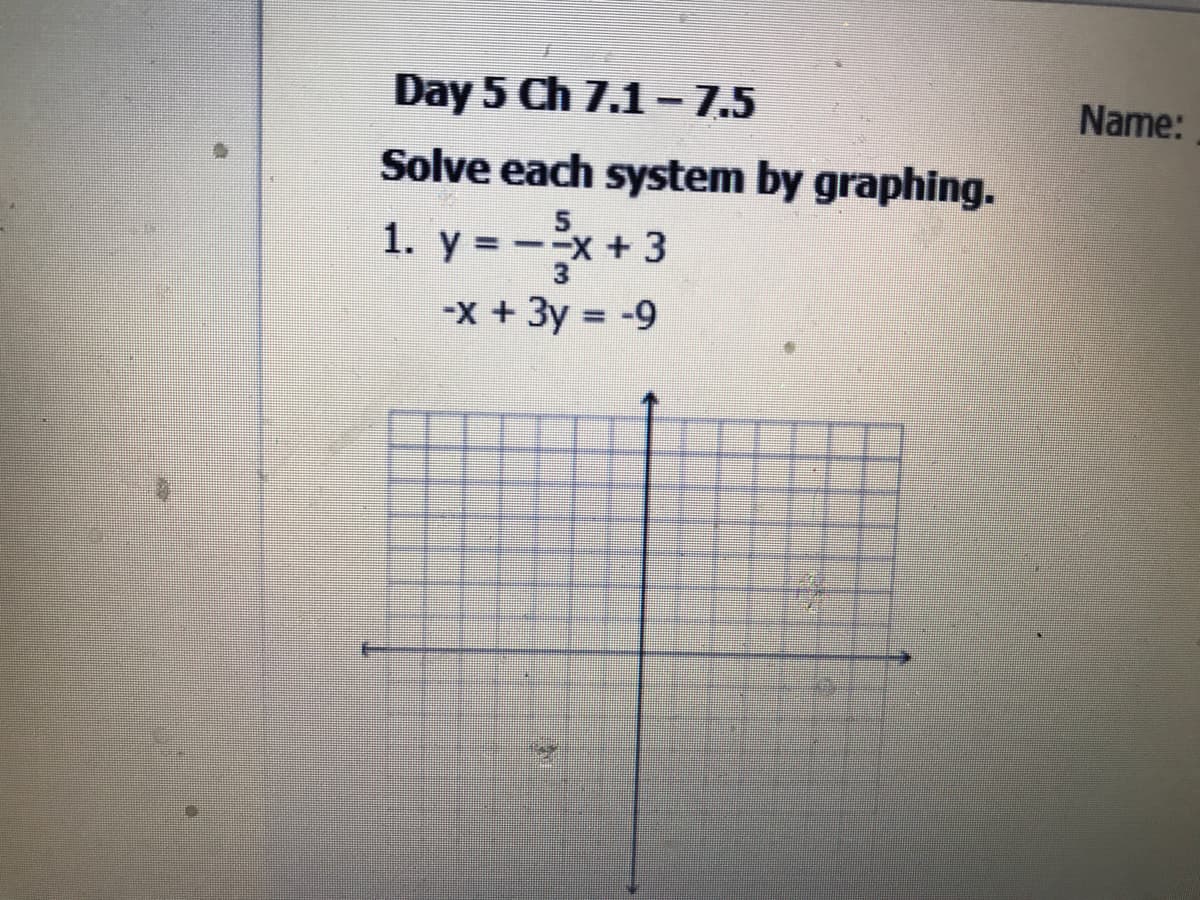 Day 5 Ch 7.1 - 7.5
Name:
Solve each system by graphing.
1. y = --x + 3
-X +3y = -9
%3D
