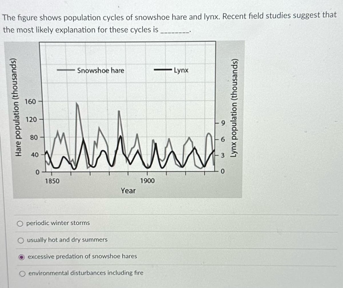 The figure shows population cycles of snowshoe hare and lynx. Recent field studies suggest that
the most likely explanation for these cycles is
Hare population (thousands)
160
120
80
40
0
Snowshoe hare
1850
wwww
Ламина
1900
periodic winter storms
usually hot and dry summers
Year
- Lynx
excessive predation of snowshoe hares
environmental disturbances including fire
att
6
0
Lynx population (thousands)