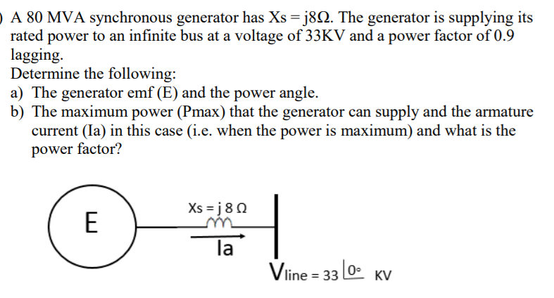 ) A 80 MVA synchronous generator has Xs = j8N. The generator is supplying its
rated power to an infinite bus at a voltage of 33KV and a power factor of 0.9
lagging.
Determine the following:
a) The generator emf (E) and the power angle.
b) The maximum power (Pmax) that the generator can supply and the armature
current (Ia) in this case (i.e. when the power is maximum) and what is the
power factor?
Xs = j 8 0
E
la
Viine = 33 0-
%3D
