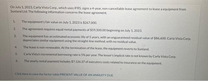 On July 1, 2023, Carla Vista Corp., which uses IFRS, signs a 4-year, non-cancellable lease agreement to lease a equipment from
Sunland Ltd. The following information concerns the lease agreement.
1.
The equipment's fair value on July 1, 2023 is $267,000.
2.
The agreement requires equal rental payments of $59,500.00 beginning on July 1, 2023.
3.
The equipment has an estimated economic life of 5 years, with an unguaranteed residual value of $86,600. Carla Vista Corp.
depreciates similar equipment using the straight-line method, with no residual value.
4.
The lease is non-renewable. At the termination of the lease, the equipment reverts to Sunland.
5.
6.
Carla Vista's incremental borrowing rate is 5% per year. The lessor's implicit rate is not known by Carla Vista Corp.
The yearly rental payment includes $7.126.37 of executory costs related to insurance on the equipment.
Click here to view the factor table PRESENT VALUE OF AN ANNUITY DUE.
