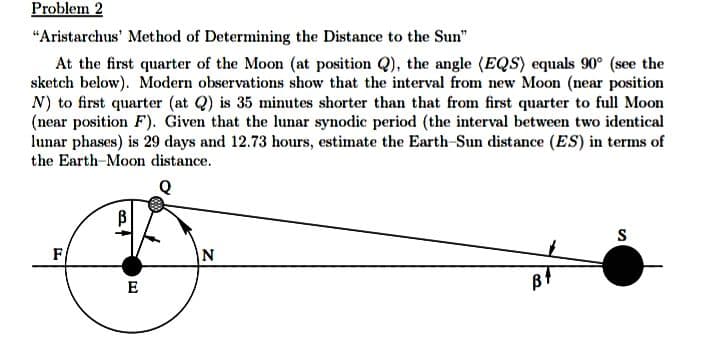 "Aristarchus' Method of Determining the Distance to the Sun"
At the first quarter of the Moon (at position Q), the angle (EQS) equals 90° (see the
sketch below). Modern observations show that the interval from new Moon (near position
N) to first quarter (at Q) is 35 minutes shorter than that from first quarter to full Moon
(near position F). Given that the lunar synodic period (the interval between two identical
lunar phases) is 29 days and 12.73 hours, estimate the Earth-Sun distance (ES) in terms of
the Earth-Moon distance.
F/
E
