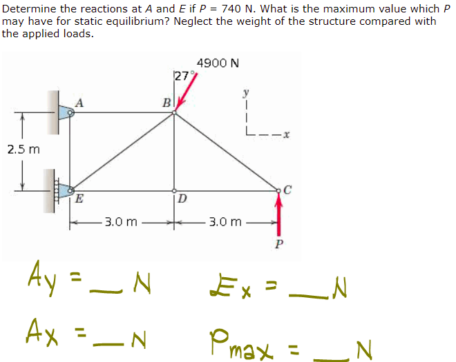 Determine the reactions at A and E if P = 740 N. What is the maximum value which P
may have for static equilibrium? Neglect the weight of the structure compared with
the applied loads.
4900 N
279
A
B|
|
L--x
2.5 m
E
D
3.0 m
3.0 m
P
Ay =_N
Ex =
Ax =_N
Pmax =
%3D
