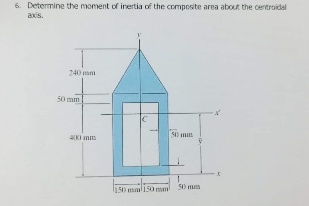 6. Determine the moment of inertia of the composite area about the centroidal
axis.
240 mm
50 mm
.t'
400 mm
50 mm
50 mm
150 mm 150 mm
