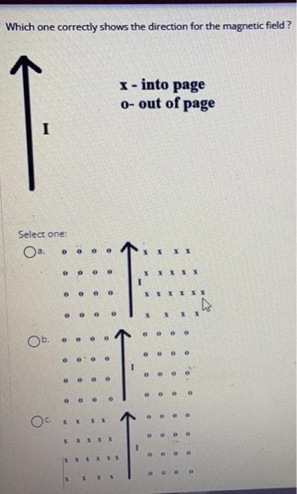Which one correctly shows the direction for the magnetic field ?
x- into page
0- out of page
I
Select one:
Oa.
X X
IXX
XXX
Ob.
3D
