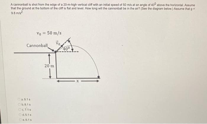 A cannonball is shot from the edge of a 20-m-high vertical cliff with an initial speed of 50 mis at an angle of 40° above the horizontal. Assume
that the ground at the bottom of the clfis flat and level. How long will the cannonball be in the air? (See the diagram below.) Assume that g =
9.8 mis?
Vo =
50 m/s
Cannonball
400
20 m
Ca. 9.1s
Ob.8.1
Oc7.16
Od. 5.1s
Oe.6.1s
