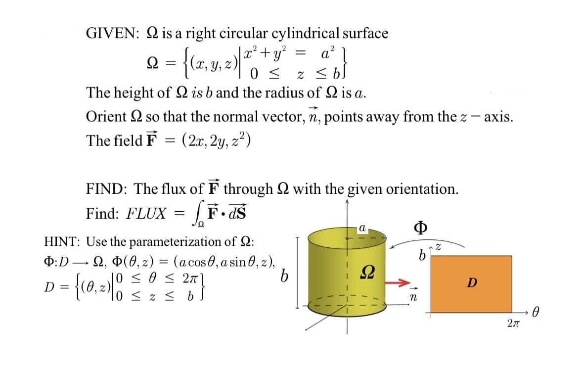 GIVEN: 2 is a right circular cylindrical surface
2
| x² + y²
D =
2 = {(
{(x, y, z)| x
=
=
a²1
0 2 <
The height of Q is b and the radius of 9 is a.
HINT: Use the parameterization of 22:
Þ:D2, (0, z) = (a cos , a sin 0, z),
≤ 0 ≤ 2π1
z f
b
= {(0, 2)√10 ≤ ₂ ≤ b
Orient so that the normal vector, n, points away from the z-axis.
The field F = (2x, 2y, z²)
FIND: The flux of F through 2 with the given orientation.
Find: FLUX = [F.dS
Φ
n
2
D
27
0