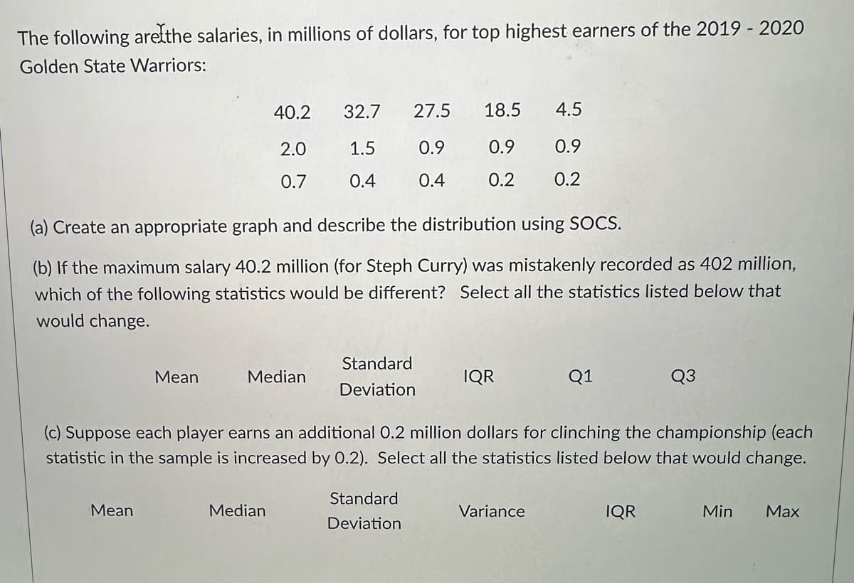 The following are the salaries, in millions of dollars, for top highest earners of the 2019-2020
Golden State Warriors:
Mean
Mean
40.2
2.0
0.7
(a) Create an appropriate graph and describe the distribution using SOCS.
(b) If the maximum salary 40.2 million (for Steph Curry) was mistakenly recorded as 402 million,
which of the following statistics would be different? Select all the statistics listed below that
would change.
Median
32.7 27.5
1.5
0.9
0.4
0.4
Median
Standard
Deviation
18.5 4.5
0.9
0.9
0.2 0.2
Standard
Deviation
IQR
(c) Suppose each player earns an additional 0.2 million dollars for clinching the championship (each
statistic in the sample is increased by 0.2). Select all the statistics listed below that would change.
Q1
Variance
Q3
IQR
Min
Max