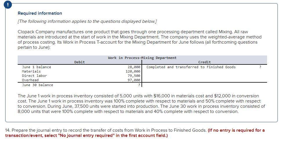 Required information
[The following information applies to the questions displayed below.]
Clopack Company manufactures one product that goes through one processing department called Mixing. All raw
materials are introduced at the start of work in the Mixing Department. The company uses the weighted-average method
of process costing. Its Work in Process T-account for the Mixing Department for June follows (all forthcoming questions
pertain to June):
Work in Process-Mixing Department
Debit
Credit
28,000
120,000
79,500
97,000
June 1 balance
Completed and transferred to Finished Goods
Materials
Direct labor
Overhead
June 30 balance
The June 1 work in process inventory consisted of 5,000 units with $16,000 in materials cost and $12.000 in conversion
cost. The June 1 work in process inventory was 100% complete with respect to materials and 50% complete with respect
to conversion. During June, 37,500 units were started into production. The June 30 work in process inventory consisted of
8,000 units that were 100% complete with respect to materials and 40% complete with respect to conversion.
14. Prepare the journal entry to record the transfer of costs from Work in Process to Finished Goods. (If no entry is required for a
transaction/event, select "No journal entry required" in the first account field.)
