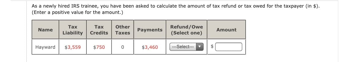 As a newly hired IRS trainee, you have been asked to calculate the amount of tax refund or tax owed for the taxpayer (in $).
(Enter a positive value for the amount.)
Refund/Owe
(Select one)
Тax
Тах
Other
Name
Payments
Amount
Liability
Credits
Таxes
Hayward
$3,559
$750
$3,460
---Select---
$
