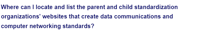 Where can I locate and list the parent and child standardization
organizations' websites that create data communications and
computer networking standards?