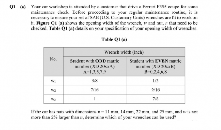 Q1 (a) Your car workshop is attended by a customer that drive a Ferrari F355 coupe for some
maintenance check. Before proceeding to your regular maintenance routine, it is
necessary to ensure your set of SAE (U.S. Customary Units) wrenches are fit to work on
it. Figure Q1 (a) shows the opening width of the wrench, w and nut, n that need to be
checked. Table Q1 (a) details on your specification of your opening width of wrenches.
Table QI (a)
Wrench width (inch)
No.
Student with ODD matric
Student with EVEN matric
number (XD 20×XA)
A=1,3,5,7,9
number (XD 20xxB)
B=0,2,4,6,8
WI
3/8
1/2
W2
7/16
9/16
W3
7/8
If the car has nuts with dimensions n =11 mm, 14 mm, 22 mm, and 25 mm, and w is not
more than 2% larger than n, determine which of your wrenches can be used?

