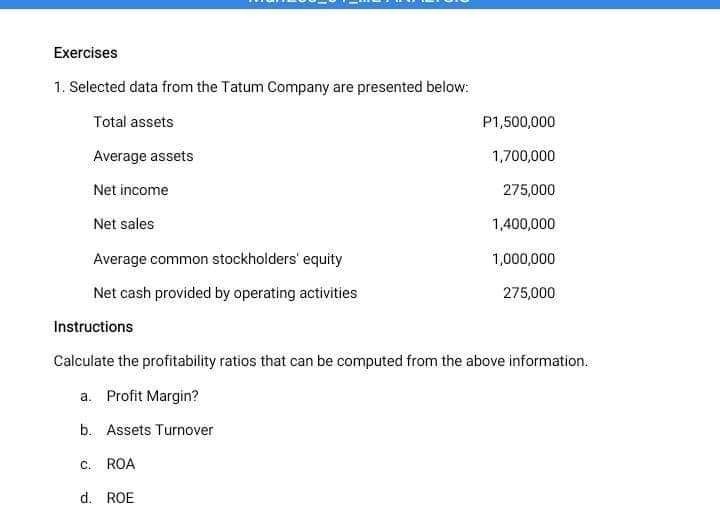 Exercises
1. Selected data from the Tatum Company are presented below:
Total assets
Average assets
Net income
Net sales
Average common stockholders' equity
Net cash provided by operating activities
P1,500,000
1,700,000
275,000
1,400,000
1,000,000
275,000
Instructions
Calculate the profitability ratios that can be computed from the above information.
a. Profit Margin?
b. Assets Turnover
C. ROA
d. ROE