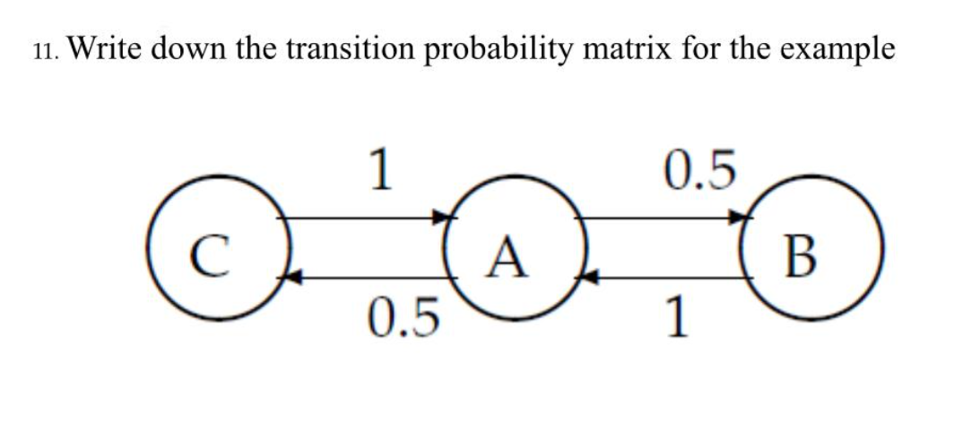 11. Write down the transition probability matrix for the example
C
1
0.5
A
0.5
1
B