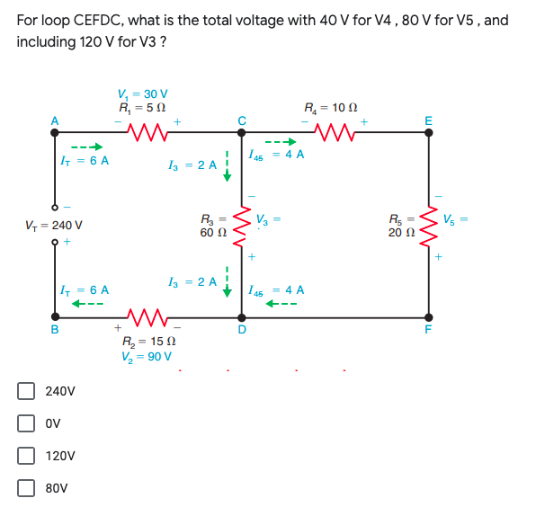 For loop CEFDC, what is the total voltage with 40 V for V4,80 V for V5 , and
including 120 V for V3 ?
V, = 30 V
R, = 50
R = 10 N
A
E
IT = 6 A
Is = 4 A
Iz = 2 A
R3 =
60 0
Rs =
Vs =
%3D
V = 240 V
20 N
I = 2 A
|I = 6 A
I 45
= 4 A
R = 15 N
V2 = 90 V
240V
ov
120V
80V
