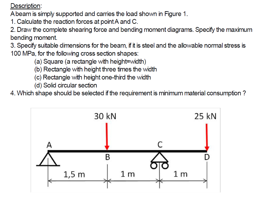 Description:
Abeam is simply supported and carries the load shown in Figure 1.
1. Calculate the reaction forces at pointA and C.
2. Draw the complete shearing force and bending moment diagrams. Specify the maximum
bending moment.
3. Specify suitable dimensions for the beam, if it is steel and the allowable normal stress is
100 MPa, for the following cross section shapes:
(a) Square (a rectangle with height=width)
(b) Rectangle with height three times the width
(c) Rectangle with height one-third the width
(d) Solid circular section
4. Which shape should be selected if the requirement is minimum material consumption ?
30 kN
25 kN
А
В
D
1,5 m
1 m
1 m
